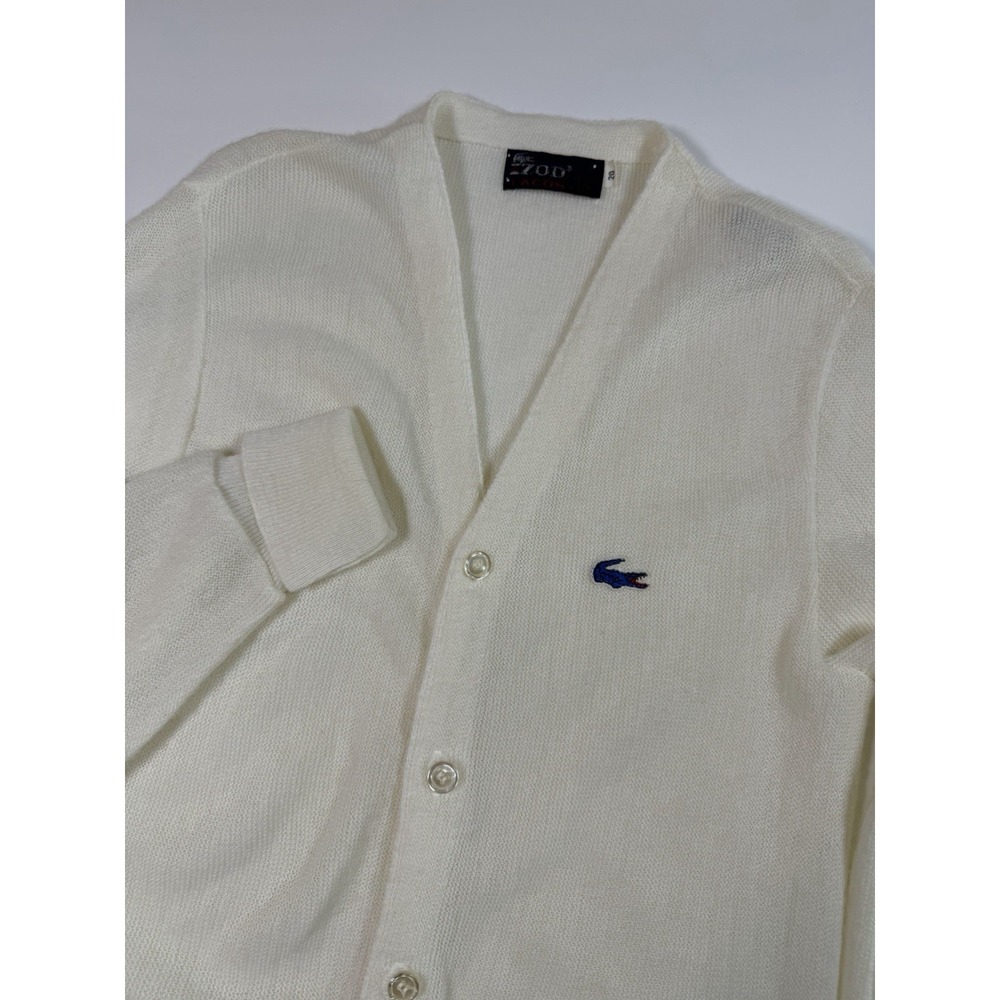 Vintage 70s Izod Lacoste Cardigan Sweater Cream White Blue Logo Acrylic 20 XS/S